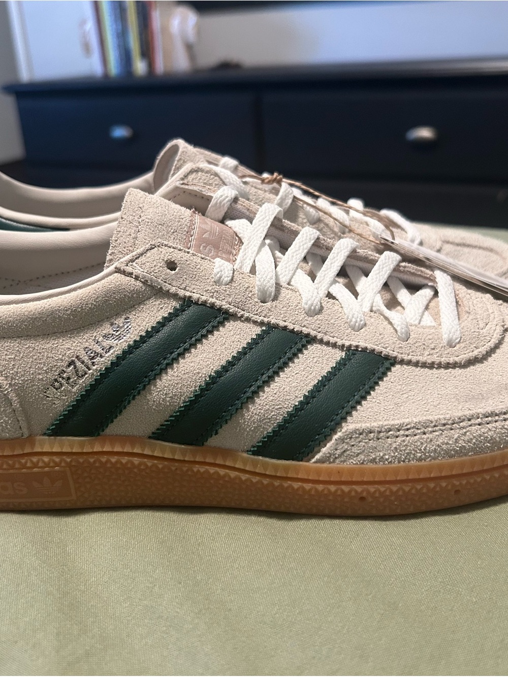 adidas Suede Sneakers in Off-White with Dark Green Stripes and Gum Sole - Picture 4 of 15